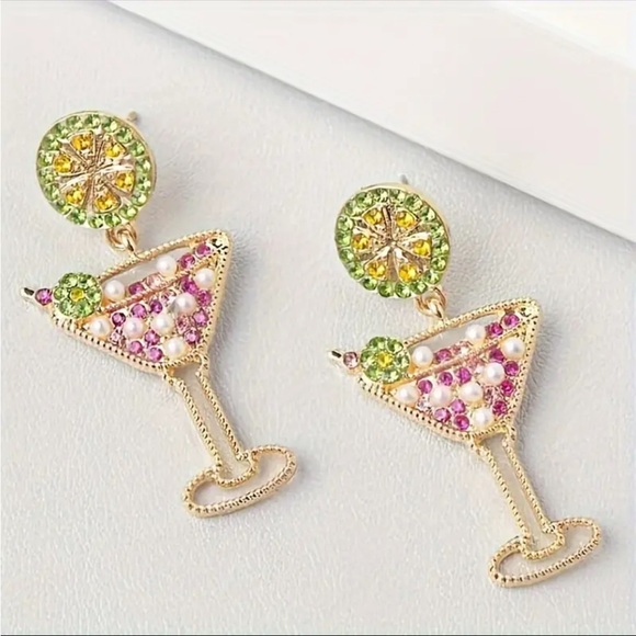 Pink Margarita Glass Earrings, Rhinestone Margarita Earrings,Wine Glass Earrings - Picture 5 of 6